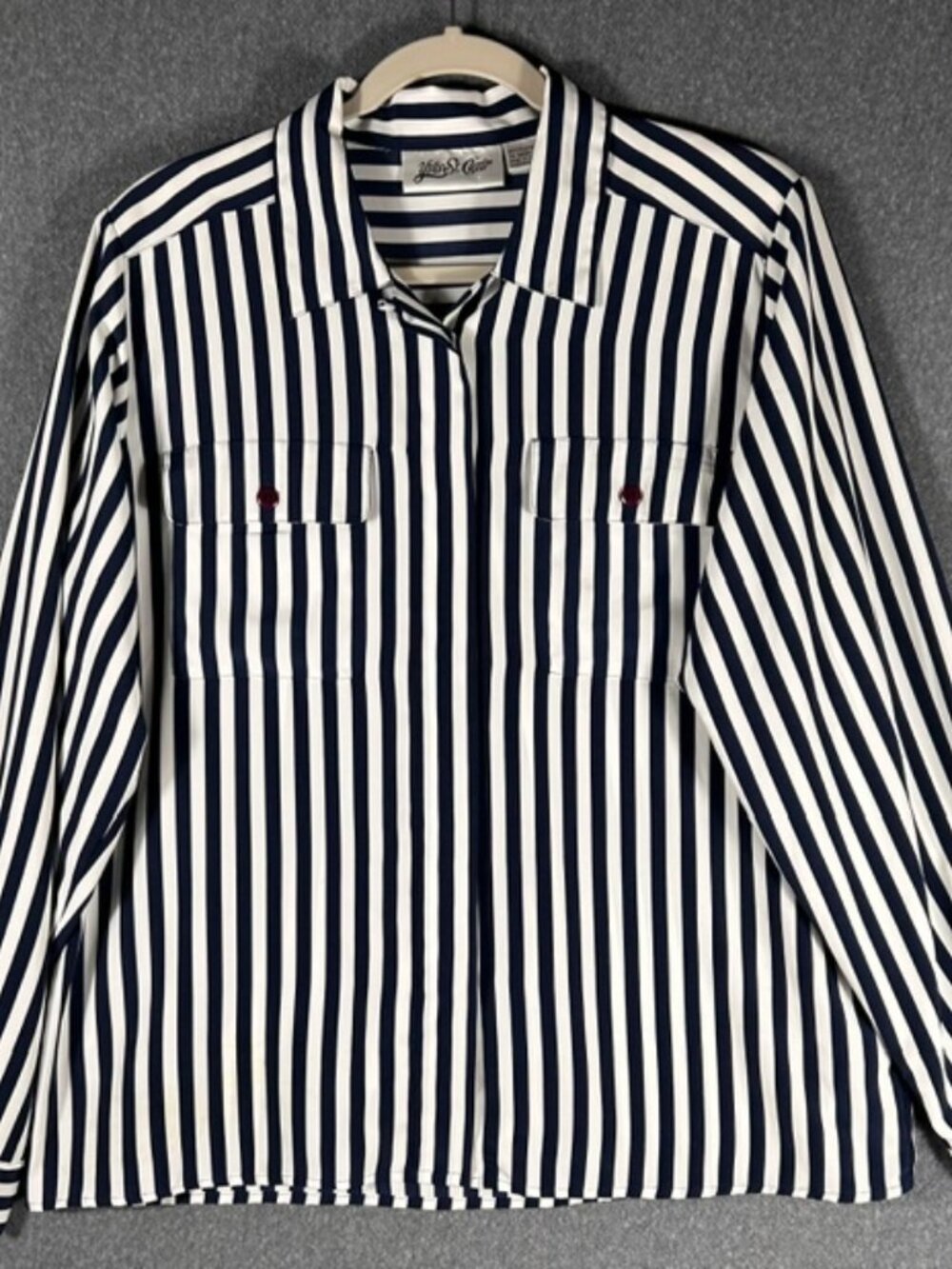 Vtg Yves St. Clair Button Down Blouse Womens Sz 14 Navy White Striped Pockets